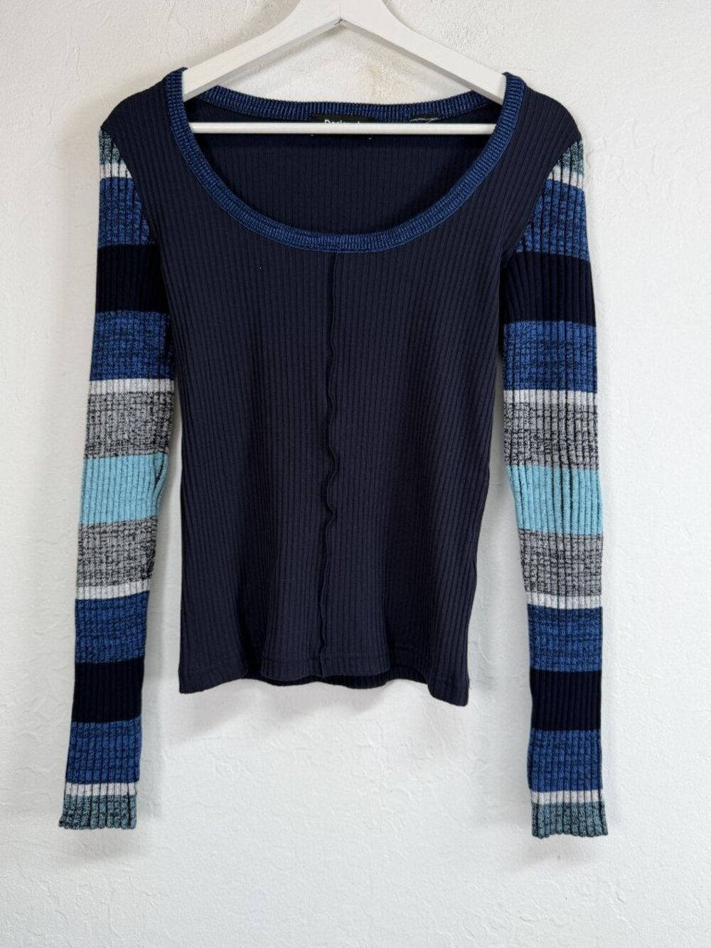 Desigual Womens Scoop Neck Ribbed Knit Striped Long Sleeve T-Shirt Top Blue/Gray